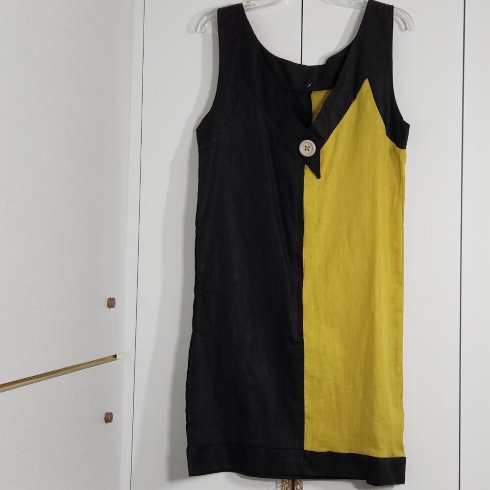 Isabella 100% Linen Dress Size M Black/Green